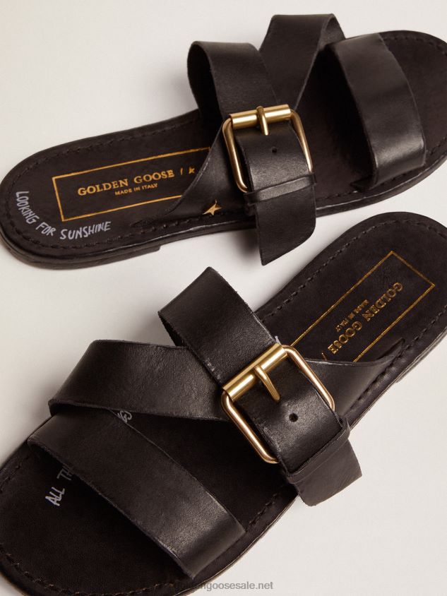 Margaret flat sandals in black resin-coated leather FN20N433 Women Golden Goose