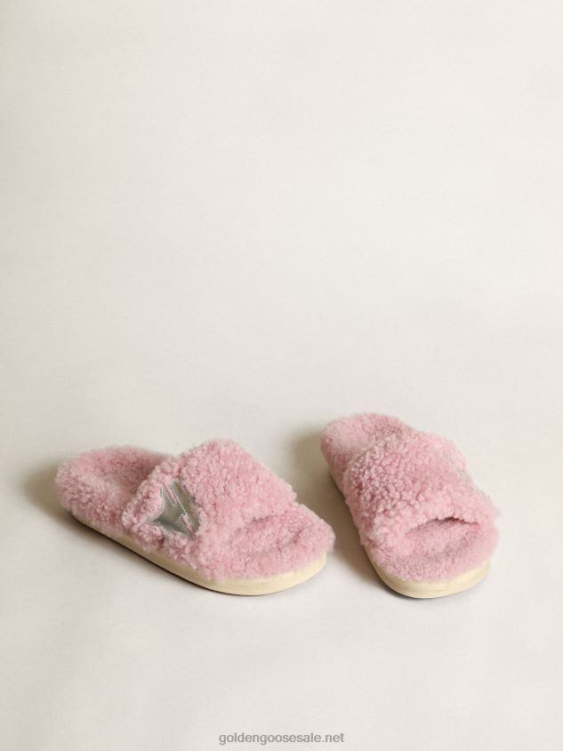 Poolstar model in pink shearling with silver laminated leather star FN20N434 Women Golden Goose