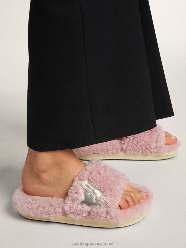 Poolstar model in pink shearling with silver laminated leather star FN20N434 Women Golden Goose