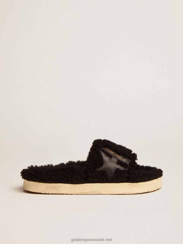 Poolstars in black shearling with star in tone-on-tone leather FN20N438 Women Golden Goose