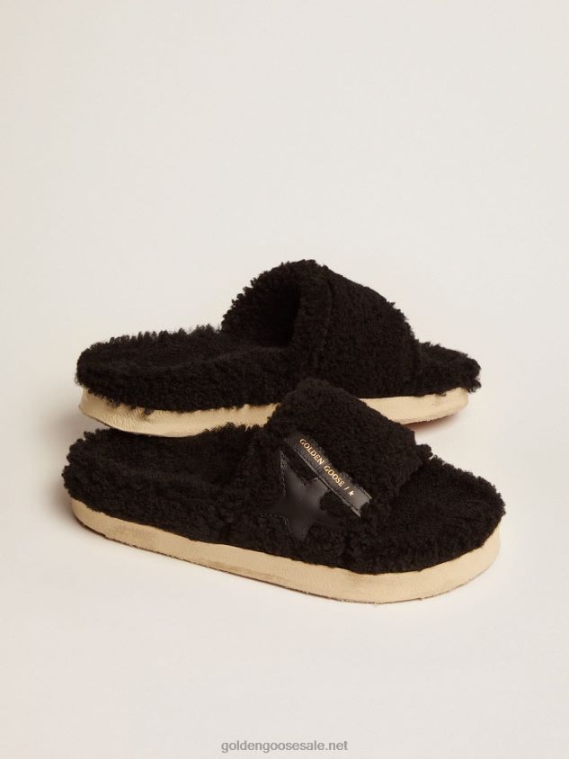 Poolstars in black shearling with star in tone-on-tone leather FN20N438 Women Golden Goose