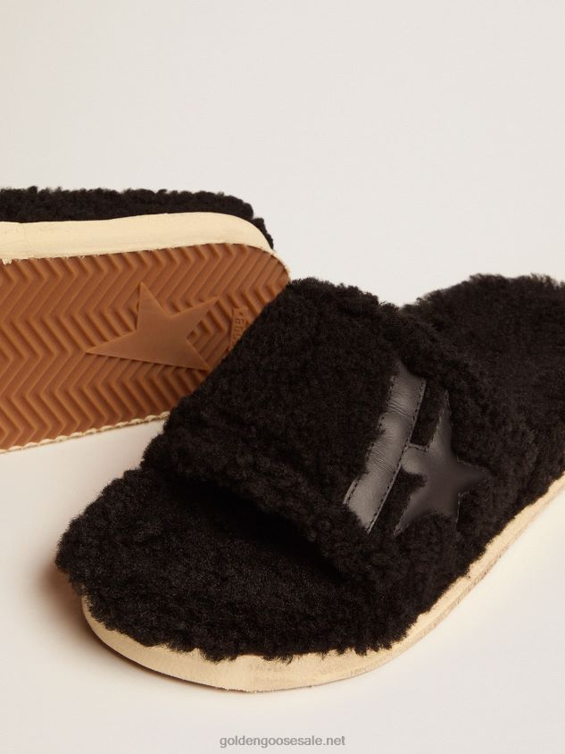 Poolstars in black shearling with star in tone-on-tone leather FN20N438 Women Golden Goose
