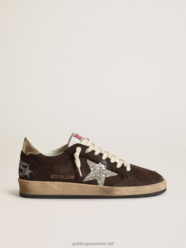 Ball Star sneakers in brown suede with platinum glitter star and white nylon tongue FN20N275 Women Golden Goose