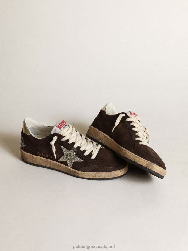 Ball Star sneakers in brown suede with platinum glitter star and white nylon tongue FN20N275 Women Golden Goose
