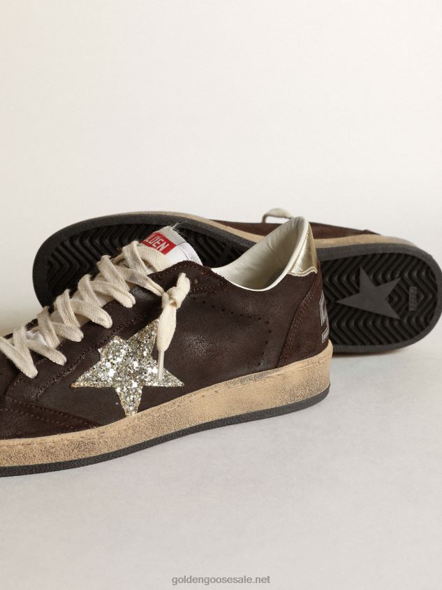 Ball Star sneakers in brown suede with platinum glitter star and white nylon tongue FN20N275 Women Golden Goose