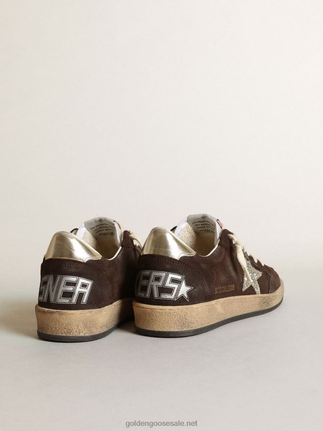 Ball Star sneakers in brown suede with platinum glitter star and white nylon tongue FN20N275 Women Golden Goose