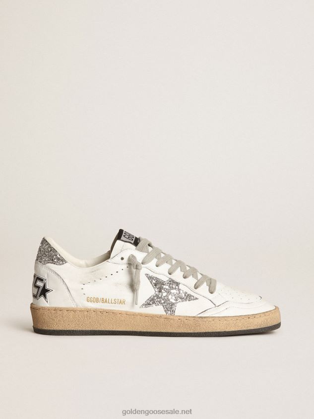 Ball Star sneakers in white nappa leather with silver glitter star and heel tab FN20N36 Women Golden Goose