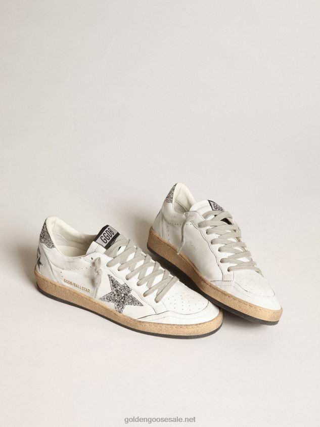 Ball Star sneakers in white nappa leather with silver glitter star and heel tab FN20N36 Women Golden Goose