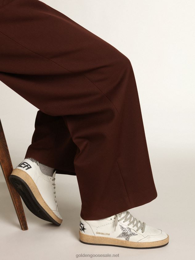 Ball Star sneakers in white nappa leather with silver glitter star and heel tab FN20N36 Women Golden Goose