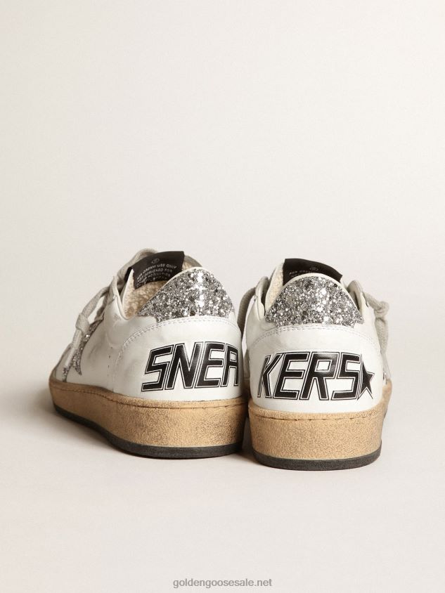 Ball Star sneakers in white nappa leather with silver glitter star and heel tab FN20N36 Women Golden Goose