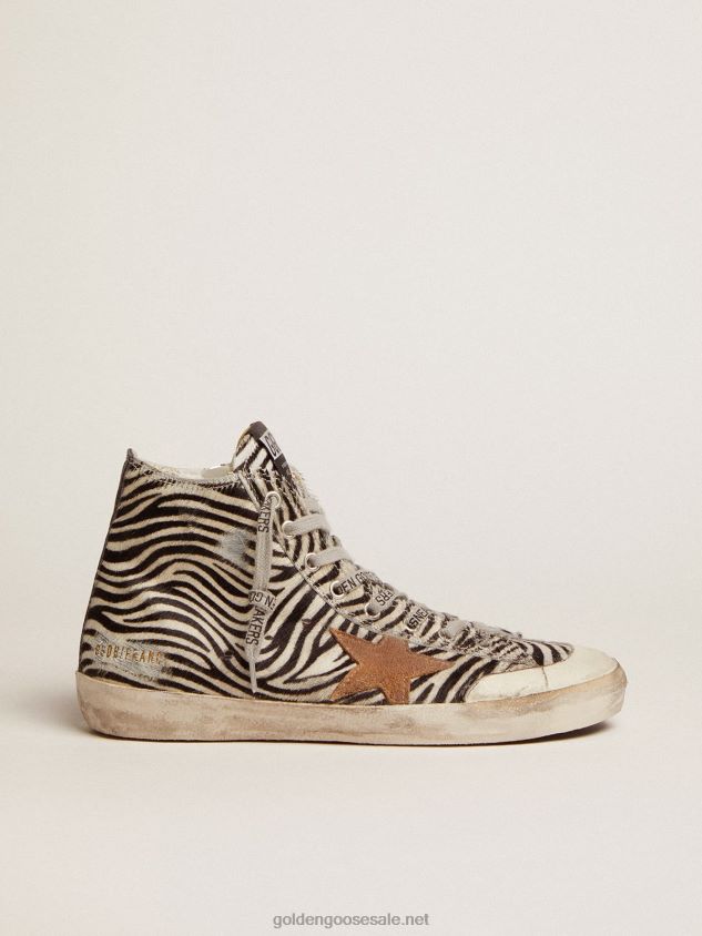 Francy Penstar LTD sneakers in zebra-print pony skin with tobacco-colored suede star FN20N119 Women Golden Goose