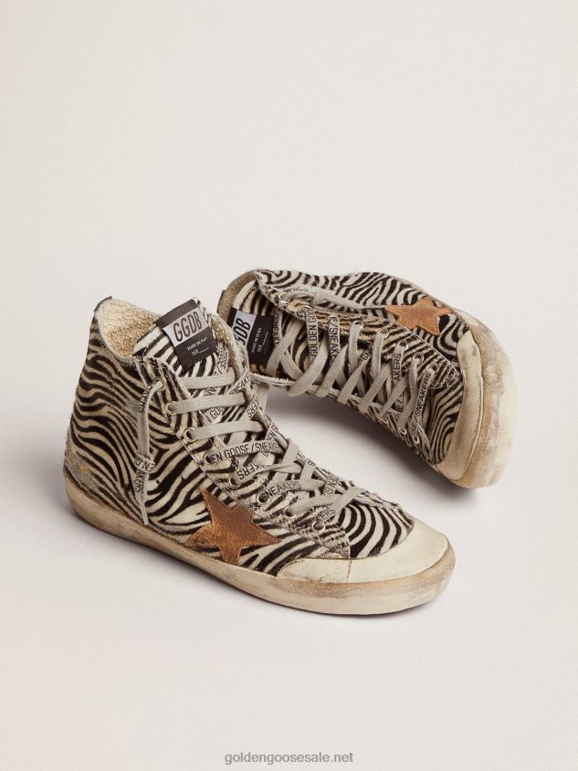 Francy Penstar LTD sneakers in zebra-print pony skin with tobacco-colored suede star FN20N119 Women Golden Goose