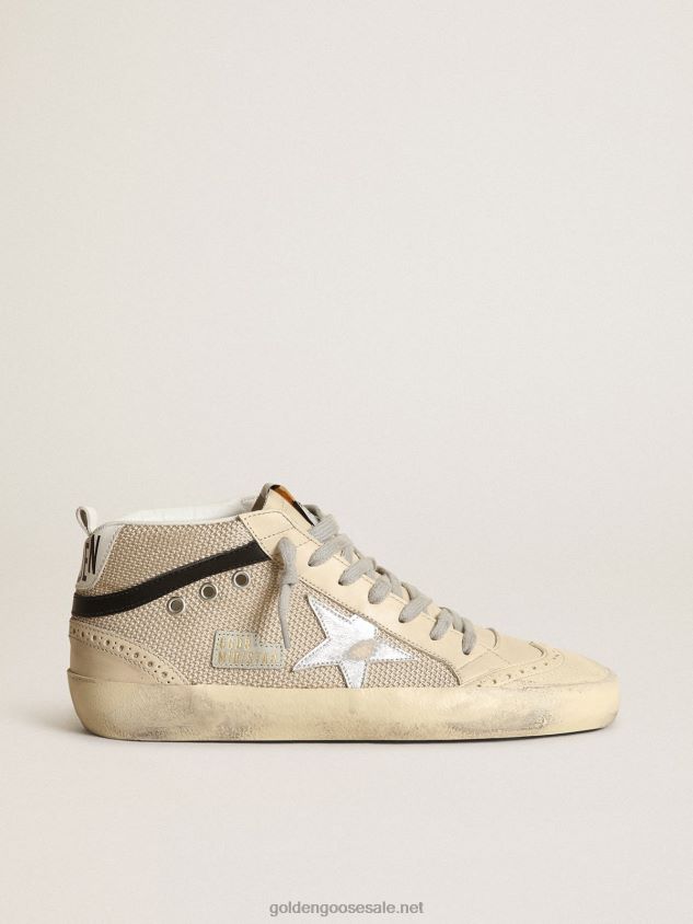 Mid Star LTD sneakers in cream-colored mesh with silver metallic leather star and black leather flash FN20N14 Women Golden Goose