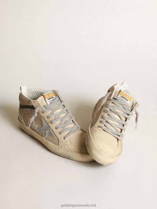 Mid Star LTD sneakers in cream-colored mesh with silver metallic leather star and black leather flash FN20N14 Women Golden Goose