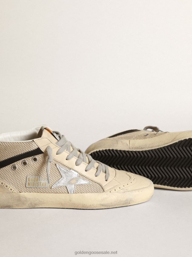 Mid Star LTD sneakers in cream-colored mesh with silver metallic leather star and black leather flash FN20N14 Women Golden Goose
