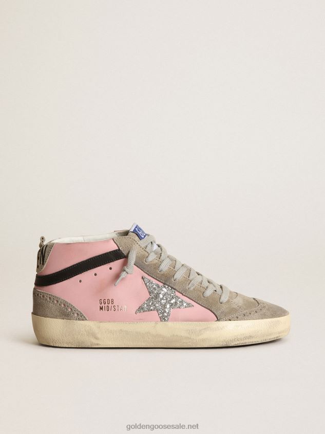Mid Star LTD sneakers in pink leather with silver glitter star and black leather flash FN20N81 Women Golden Goose