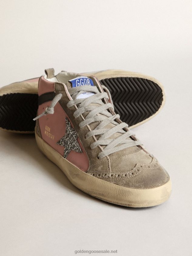 Mid Star LTD sneakers in pink leather with silver glitter star and black leather flash FN20N81 Women Golden Goose