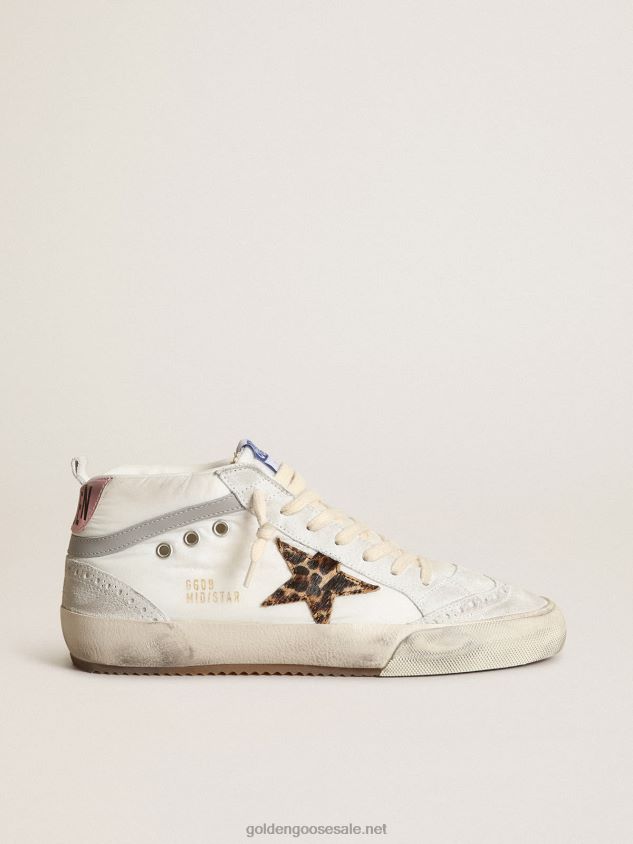 Mid Star LTD sneakers in white nylon with leopard-print pony skin star and pink metallic leather heel tab FN20N17 Women Golden Goose