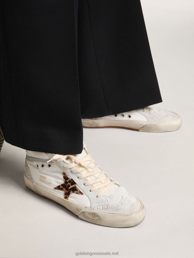 Mid Star LTD sneakers in white nylon with leopard-print pony skin star and pink metallic leather heel tab FN20N17 Women Golden Goose