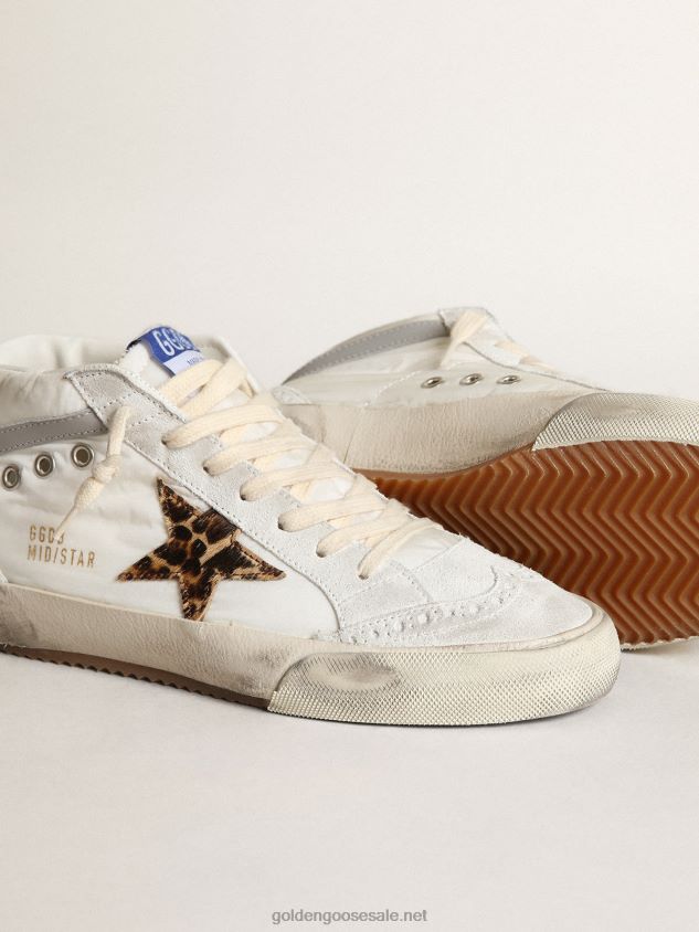 Mid Star LTD sneakers in white nylon with leopard-print pony skin star and pink metallic leather heel tab FN20N17 Women Golden Goose