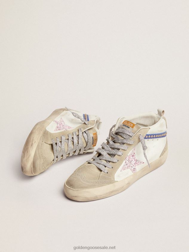 Mid Star LTD sneakers with white and pink glitter star and blue leather flash with gold-colored studs FN20N77 Women Golden Goose