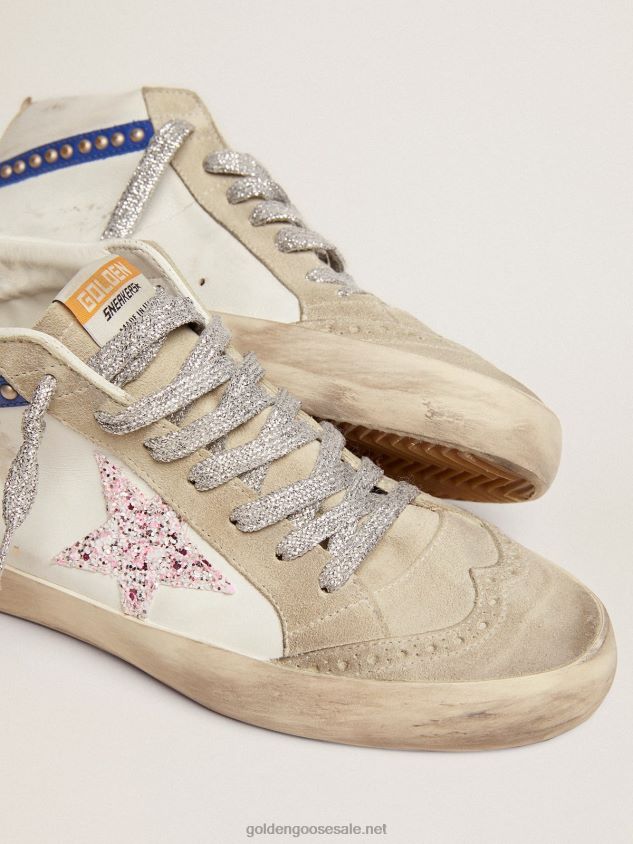 Mid Star LTD sneakers with white and pink glitter star and blue leather flash with gold-colored studs FN20N77 Women Golden Goose