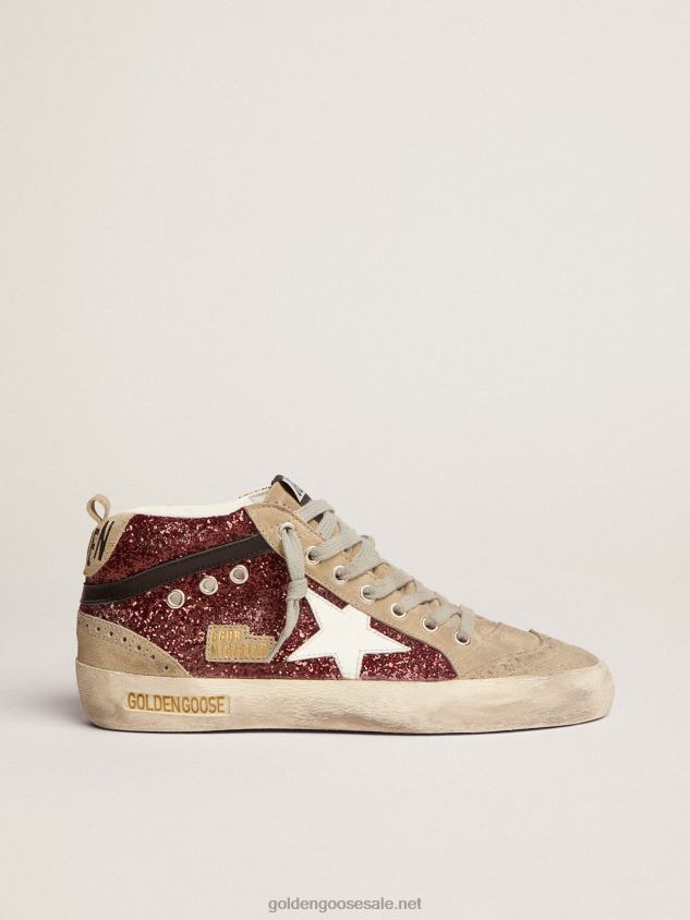 Mid Star sneakers in burgundy glitter with dove-gray inserts and white star FN20N74 Women Golden Goose