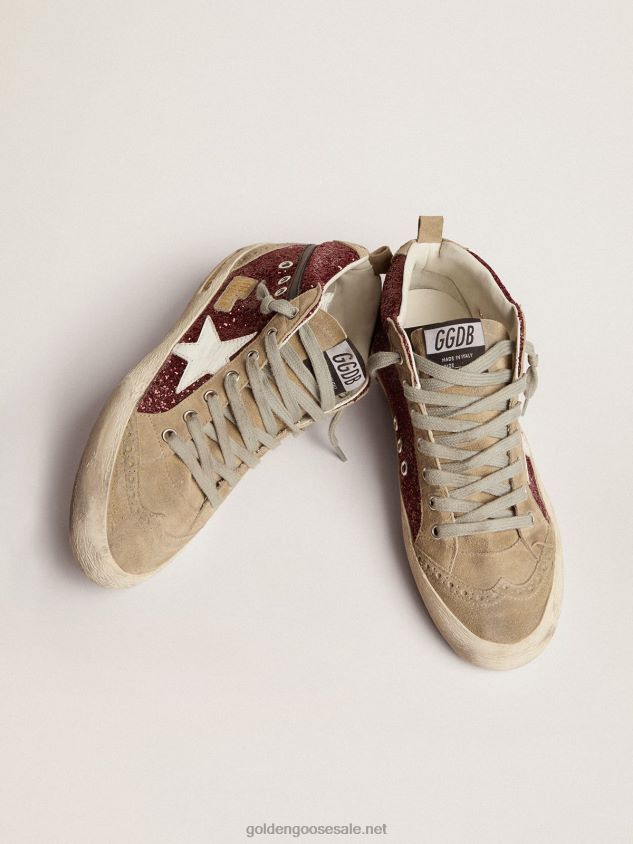 Mid Star sneakers in burgundy glitter with dove-gray inserts and white star FN20N74 Women Golden Goose