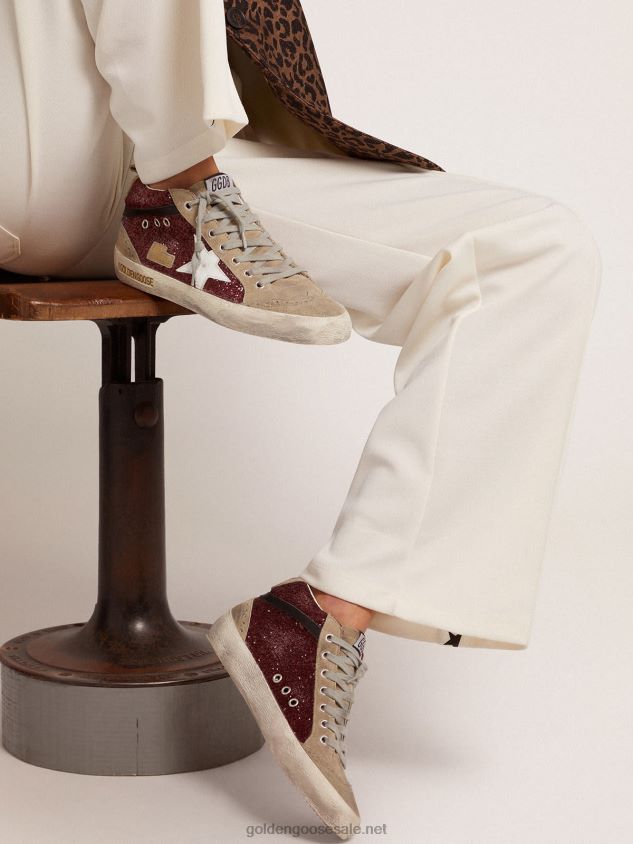 Mid Star sneakers in burgundy glitter with dove-gray inserts and white star FN20N74 Women Golden Goose