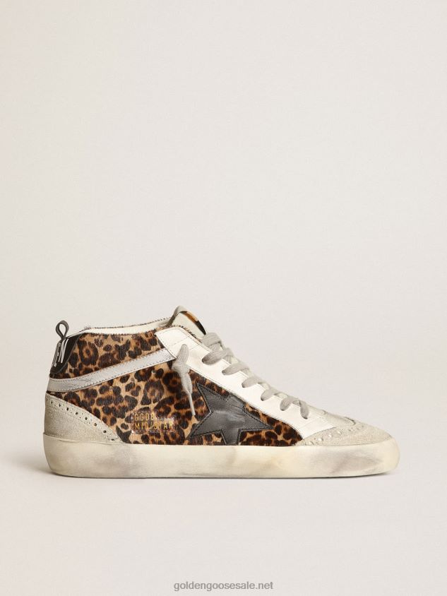 Mid Star sneakers in leopard-print pony skin with black leather star and silver laminated leather flash FN20N180 Women Golden Goose