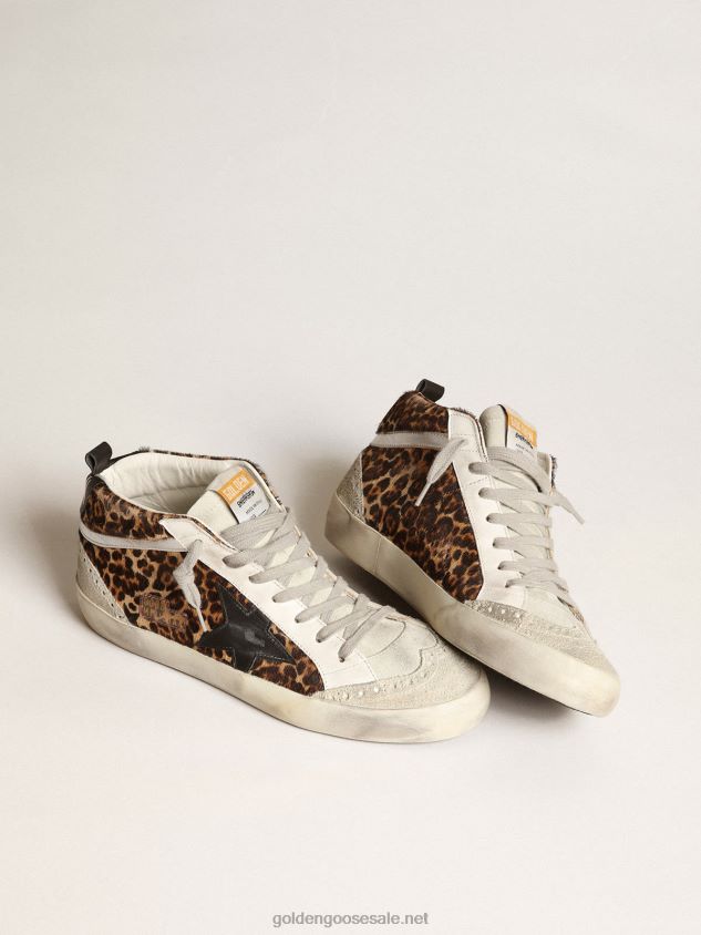 Mid Star sneakers in leopard-print pony skin with black leather star and silver laminated leather flash FN20N180 Women Golden Goose