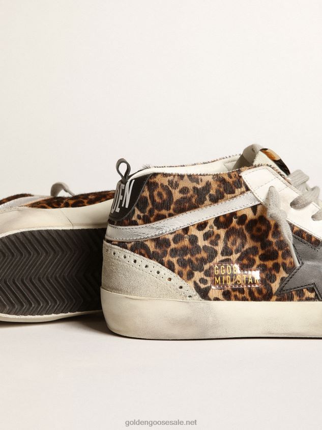 Mid Star sneakers in leopard-print pony skin with black leather star and silver laminated leather flash FN20N180 Women Golden Goose
