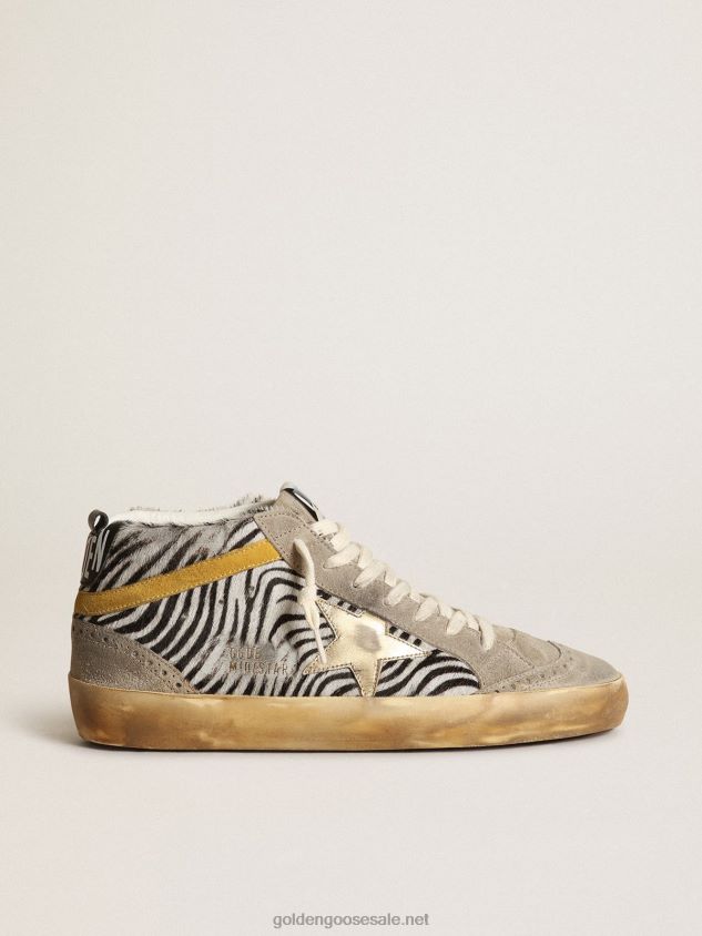 Mid Star sneakers in zebra-print pony skin with gold metallic leather star and mustard-colored suede flash FN20N22 Women Golden Goose