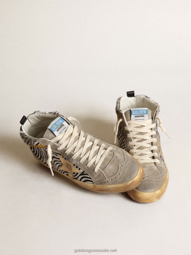 Mid Star sneakers in zebra-print pony skin with gold metallic leather star and mustard-colored suede flash FN20N22 Women Golden Goose