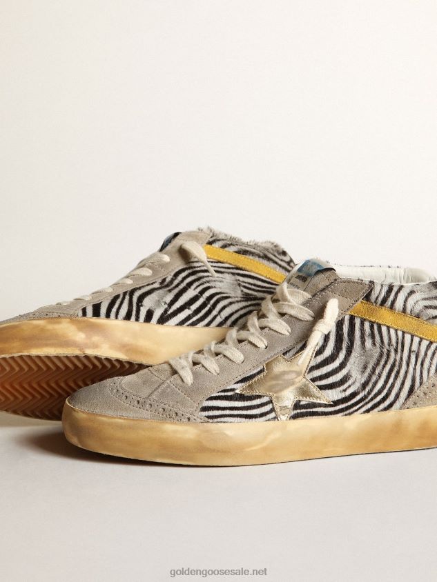 Mid Star sneakers in zebra-print pony skin with gold metallic leather star and mustard-colored suede flash FN20N22 Women Golden Goose
