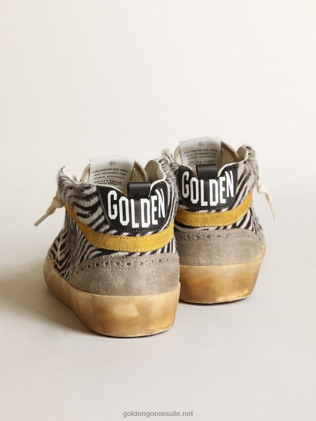 Mid Star sneakers in zebra-print pony skin with gold metallic leather star and mustard-colored suede flash FN20N22 Women Golden Goose