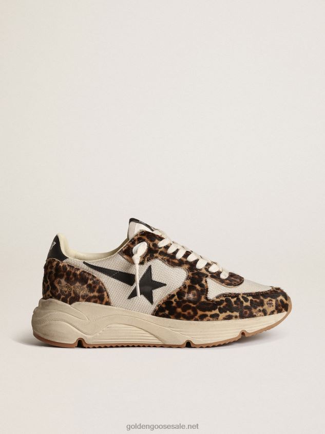Running Sole sneakers in cream-colored mesh with leopard-print pony skin inserts and black leather star FN20N47 Women Golden Goose