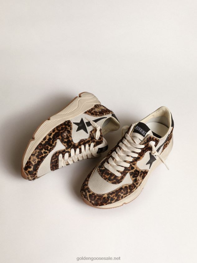 Running Sole sneakers in cream-colored mesh with leopard-print pony skin inserts and black leather star FN20N47 Women Golden Goose