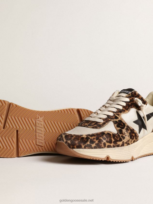 Running Sole sneakers in cream-colored mesh with leopard-print pony skin inserts and black leather star FN20N47 Women Golden Goose