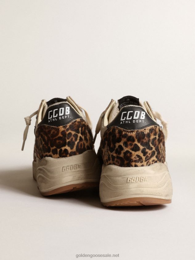 Running Sole sneakers in cream-colored mesh with leopard-print pony skin inserts and black leather star FN20N47 Women Golden Goose
