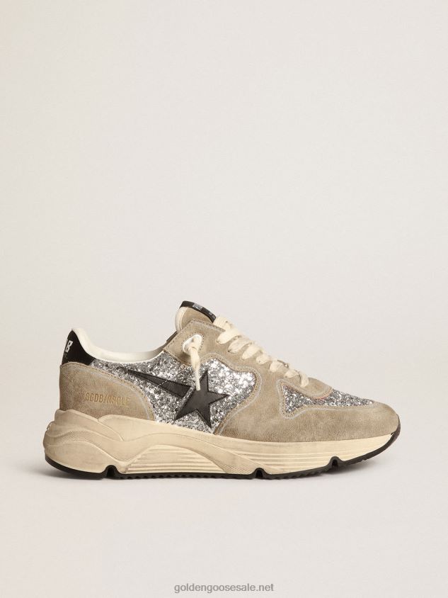 Running Sole sneakers in silver glitter and dove-gray suede with black leather star FN20N82 Women Golden Goose