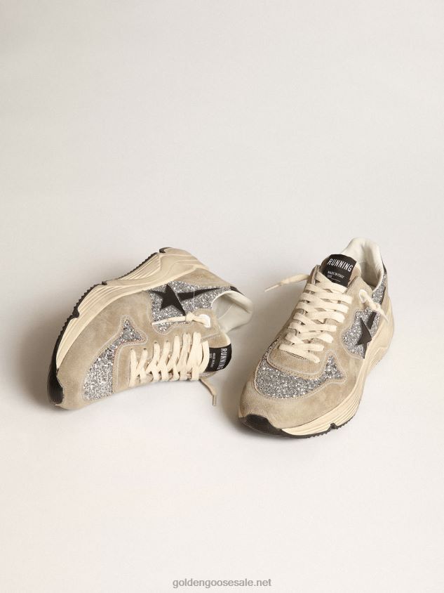 Running Sole sneakers in silver glitter and dove-gray suede with black leather star FN20N82 Women Golden Goose