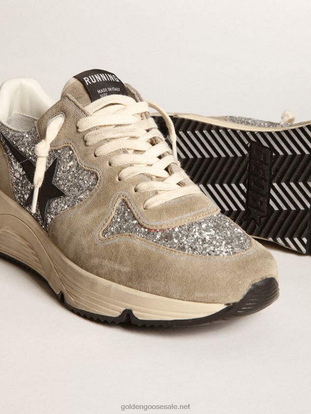 Running Sole sneakers in silver glitter and dove-gray suede with black leather star FN20N82 Women Golden Goose