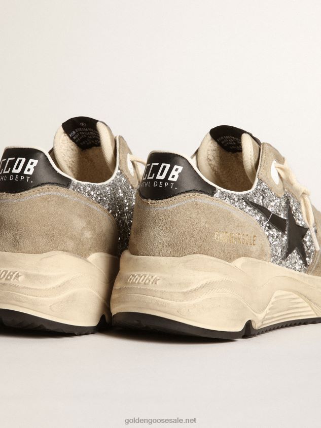 Running Sole sneakers in silver glitter and dove-gray suede with black leather star FN20N82 Women Golden Goose