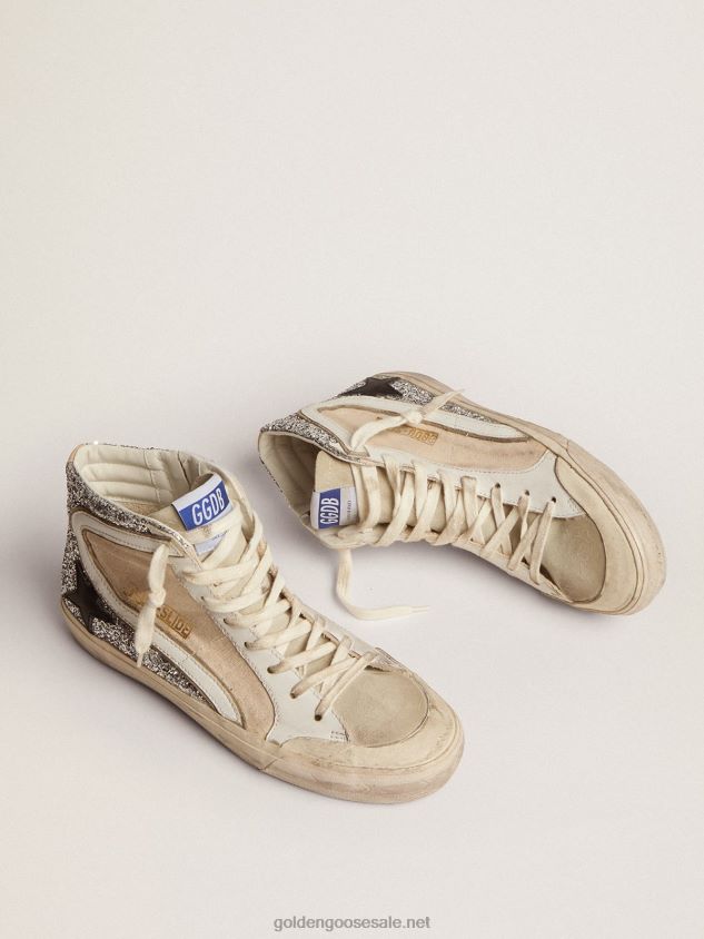 Penstar Slide sneakers in cream-colored canvas and silver glitter with black leather star FN20N276 Women Golden Goose