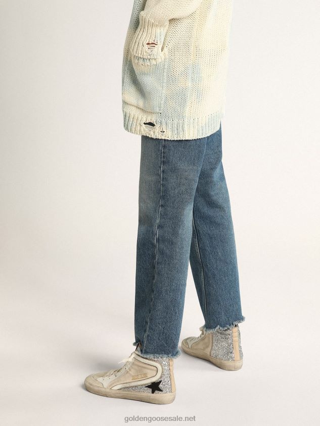 Penstar Slide sneakers in cream-colored canvas and silver glitter with black leather star FN20N276 Women Golden Goose
