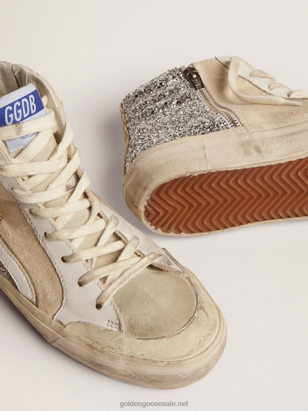 Penstar Slide sneakers in cream-colored canvas and silver glitter with black leather star FN20N276 Women Golden Goose