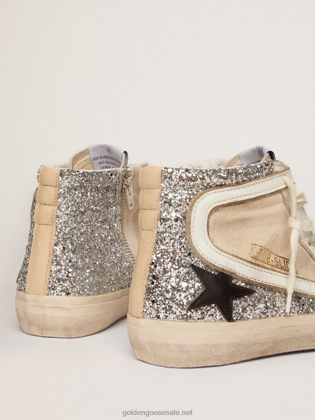 Penstar Slide sneakers in cream-colored canvas and silver glitter with black leather star FN20N276 Women Golden Goose