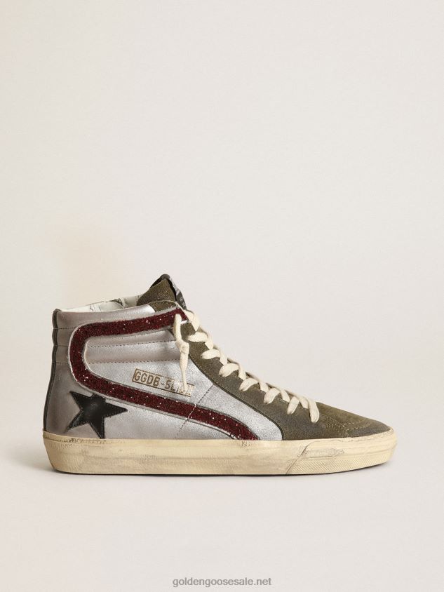 Silver Slide with a black leather star and glitter flash FN20N261 Women Golden Goose