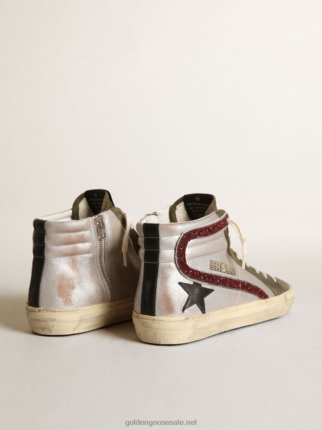 Silver Slide with a black leather star and glitter flash FN20N261 Women Golden Goose